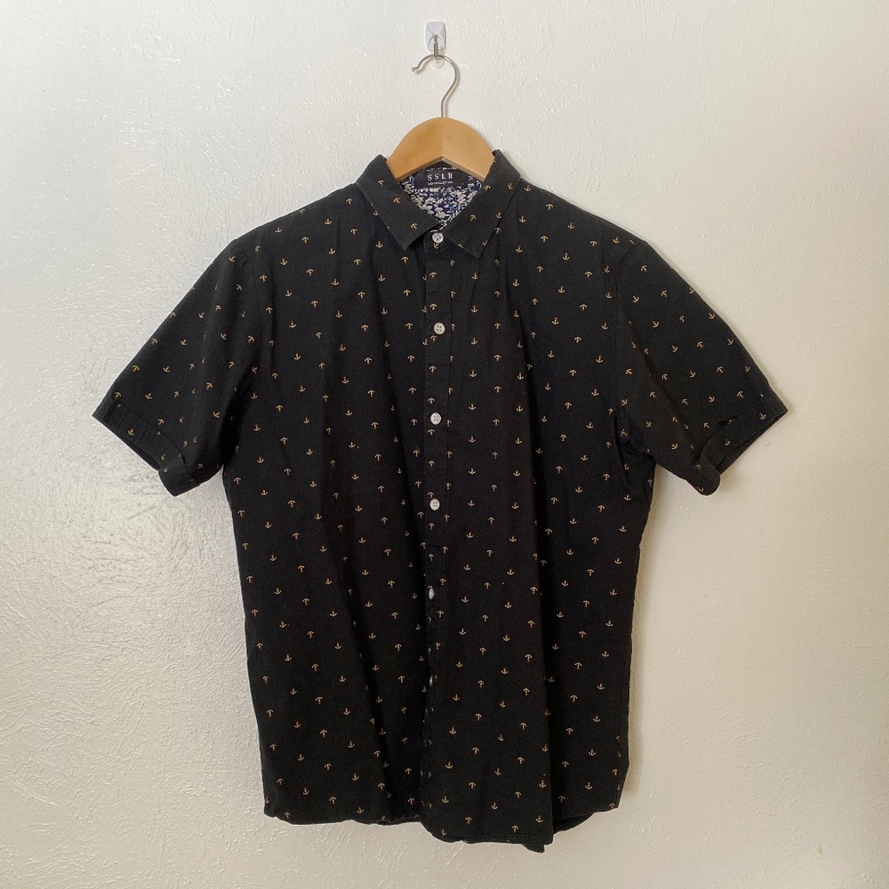 SSLR Black Anchor Short Sleeve Button Down Cotton Shirt - Medium